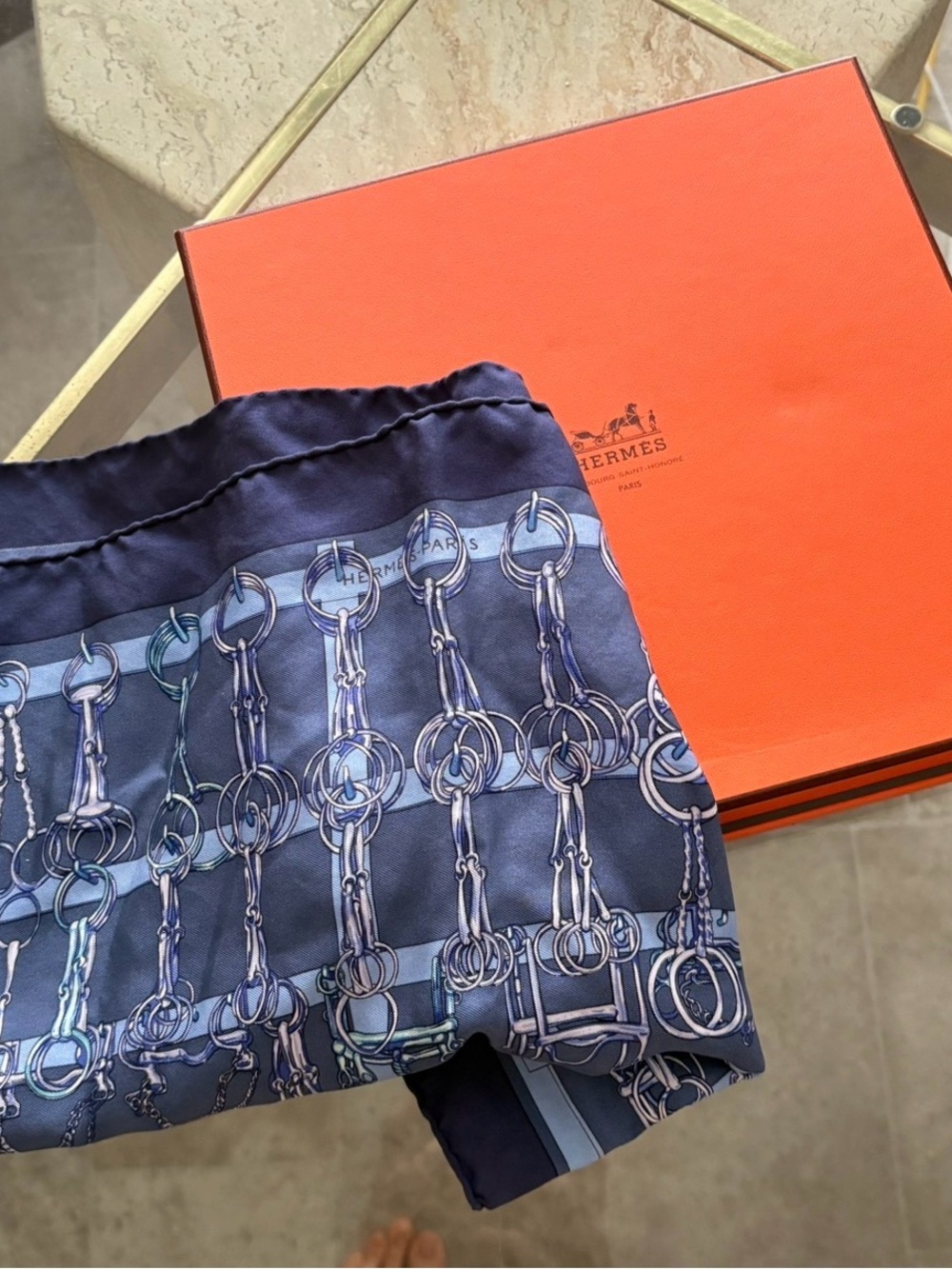 Hermes Navy and Light Blue Silk Scarf with Equestrian Bit Design
